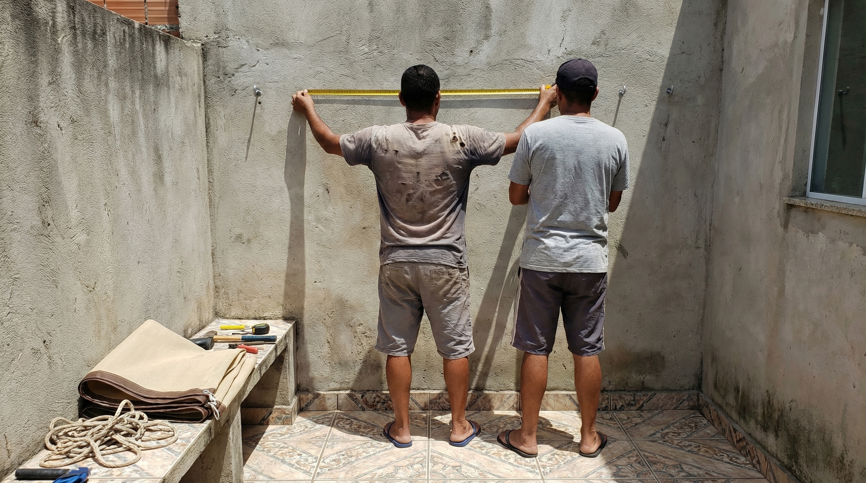 Medindo o espaço para instalar a vela de sombra