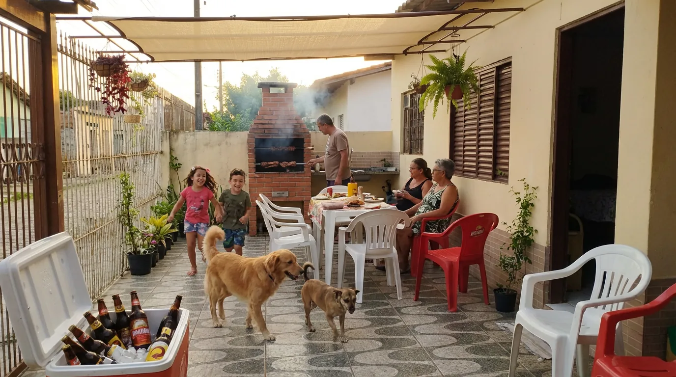 Família brasileira aproveitando churrasco sob vela de sombra Solaraia